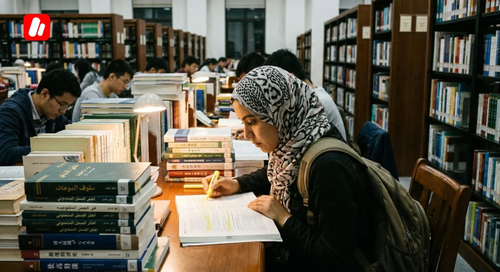 Etudiante marocaine dans une bibliotheque à Pekin, l une des meilleures villes pour les etudiants marocains en Chine. Etudiante marocaine dans une bibliotheque à Pekin, l une des meilleures villes pour les etudiants marocains en Chine.
