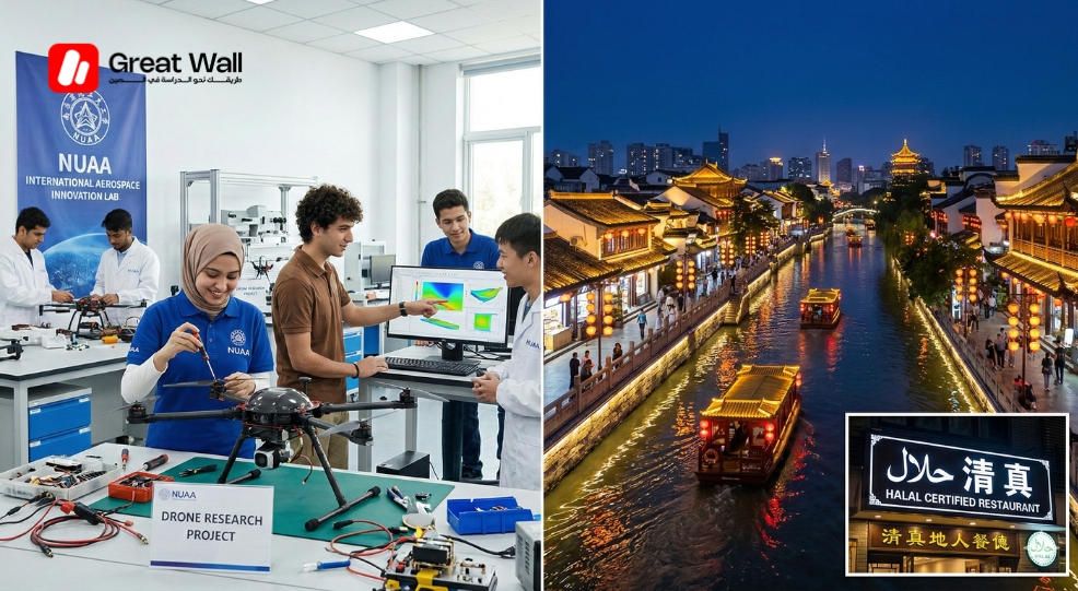 Etudiants internationaux dans un laboratoire de NUAA a cote d une vue sur la riviere Qinhuai et d un restaurant halal certifie a Nanjing. Etudiants internationaux dans un laboratoire de NUAA a cote d une vue sur la riviere Qinhuai et d un restaurant halal certifie a Nanjing.