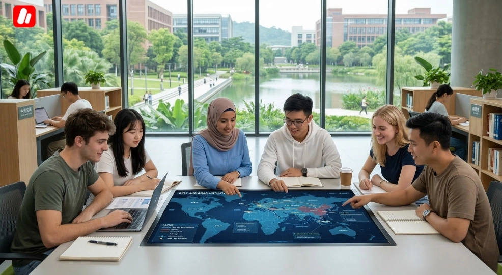 Etudiants marocains et internationaux collaborant dans une universite de commerce en Chine. Etudiants marocains et internationaux collaborant dans une universite de commerce en Chine.