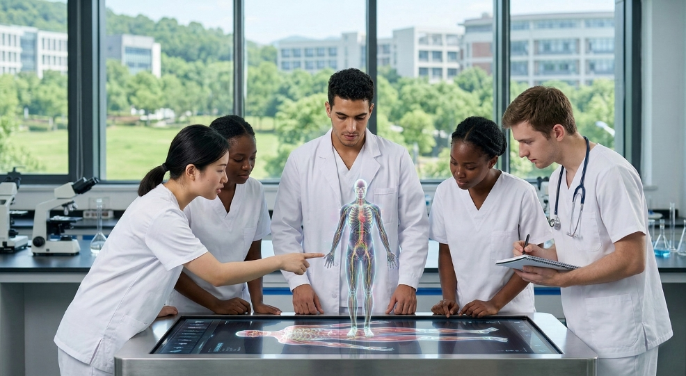 International students at WMU university using a 3D holographic anatomy table for medical studies, highlighting the advanced clinical training facilities available at Wenzhou Medical University. International students at WMU university using a 3D holographic anatomy table for medical studies, highlighting the advanced clinical training facilities available at Wenzhou Medical University.