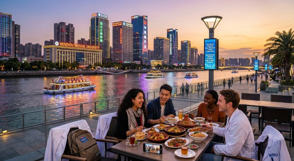 International students enjoying a meal by the Wenzhou riverfront at night, showcasing the vibrant student life and modern urban environment surrounding the WMU campus. International students enjoying a meal by the Wenzhou riverfront at night, showcasing the vibrant student life and modern urban environment surrounding the WMU campus.