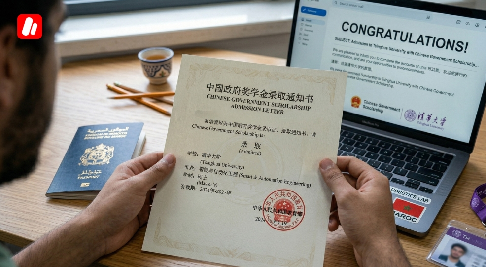 Moroccan student holding a Chinese Government Scholarship letter, reducing the cost of studying in China.