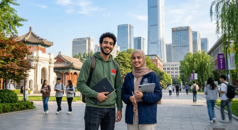 Moroccan students on a university campus happy about the cost of studying in China.