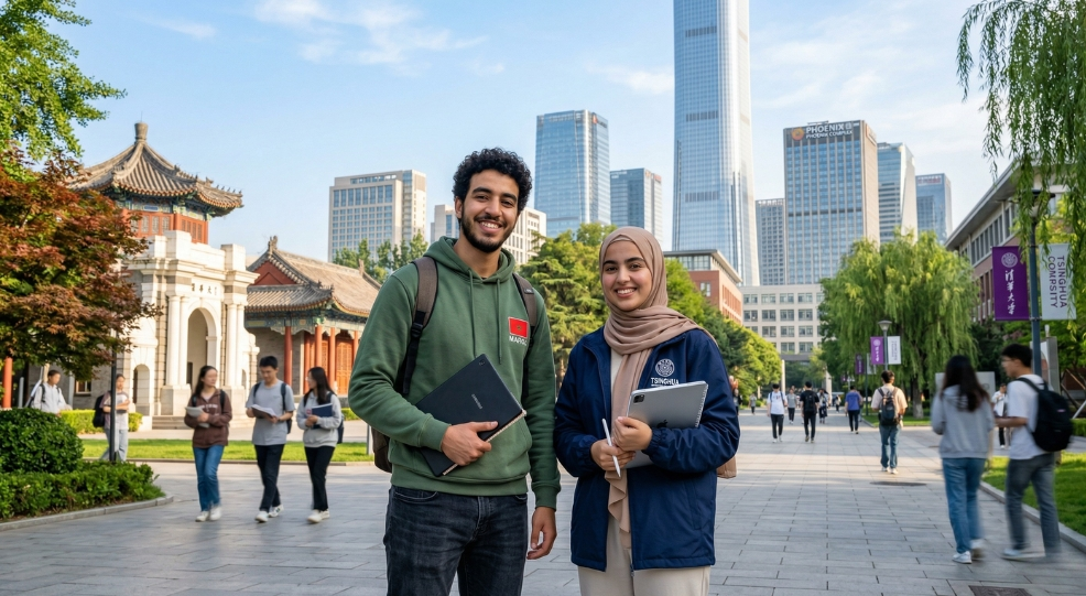 Moroccan students on a university campus happy about the cost of studying in China.