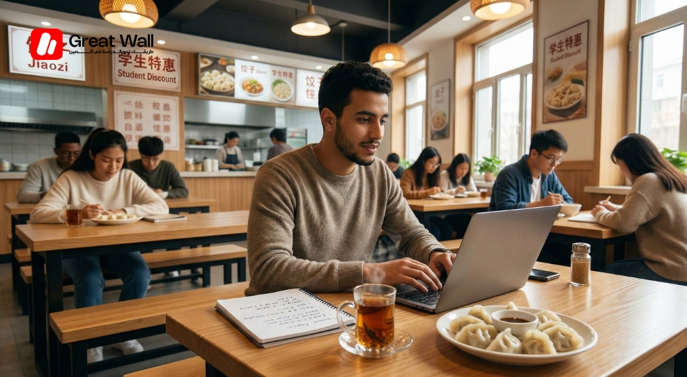 Un etudiant marocain etudie dans un cafe universitaire abordable a Shenyang, illustrant le faible cout de la vie. Un etudiant marocain etudie dans un cafe universitaire abordable a Shenyang, illustrant le faible cout de la vie.