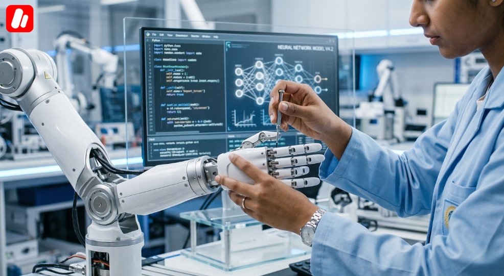 Une etudiante travaillant sur un projet de robotique pendant ses etudes en IT et informatique dans une universite chinoise. Une etudiante travaillant sur un projet de robotique pendant ses etudes en IT et informatique dans une universite chinoise.