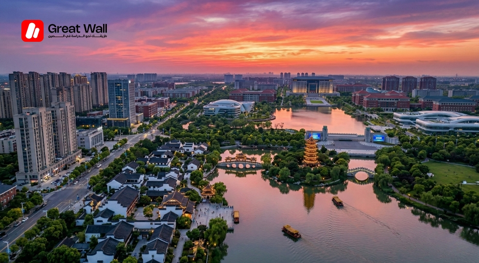 Vue panoramique de la ville de Yangzhou et du quartier de l Universite de Yangzhou (YZU), refletant un environnement d etude sur et riche culturellement. Vue panoramique de la ville de Yangzhou et du quartier de l Universite de Yangzhou (YZU), refletant un environnement d etude sur et riche culturellement.