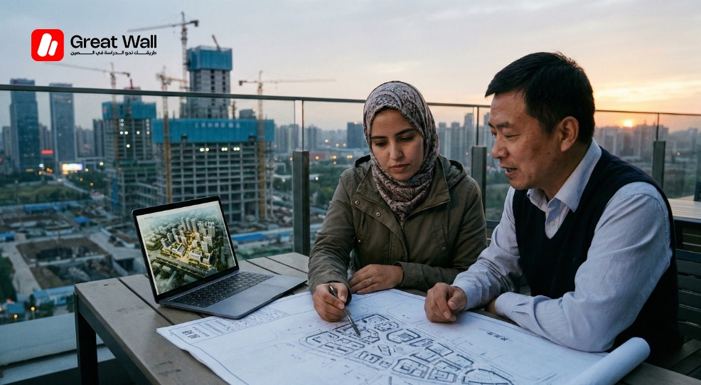 طالبة مغربية تراجع مخططًا معماريًا كبيرًا مع أستاذ في جامعة شنيانغ للعمران والبناء (SYUCU)، مطلة على أفق مدينة شنيانغ. طالبة مغربية تراجع مخططًا معماريًا كبيرًا مع أستاذ في جامعة شنيانغ للعمران والبناء (SYUCU)، مطلة على أفق مدينة شنيانغ.