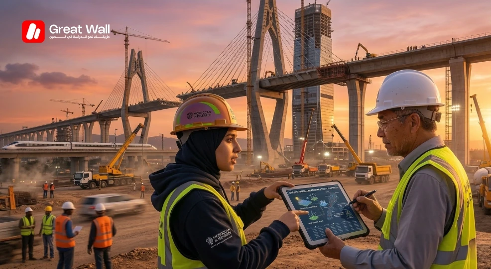 طالبة ومهندس محترف في موقع بناء، يستعرضان أحد أفضل تخصصات الهندسة في جامعات الهندسة في الصين.