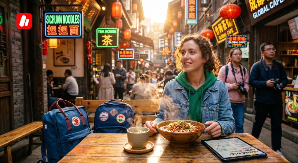 A student enjoying food, illustrating the low cost of living in Chengdu.
