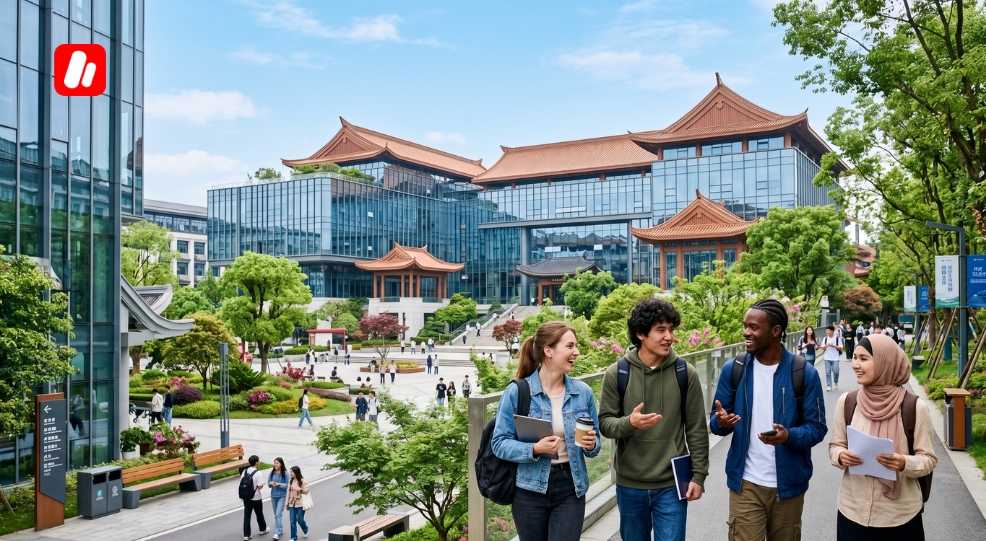 Des étudiants internationaux marchant sur un campus pour étudier à Chengdu