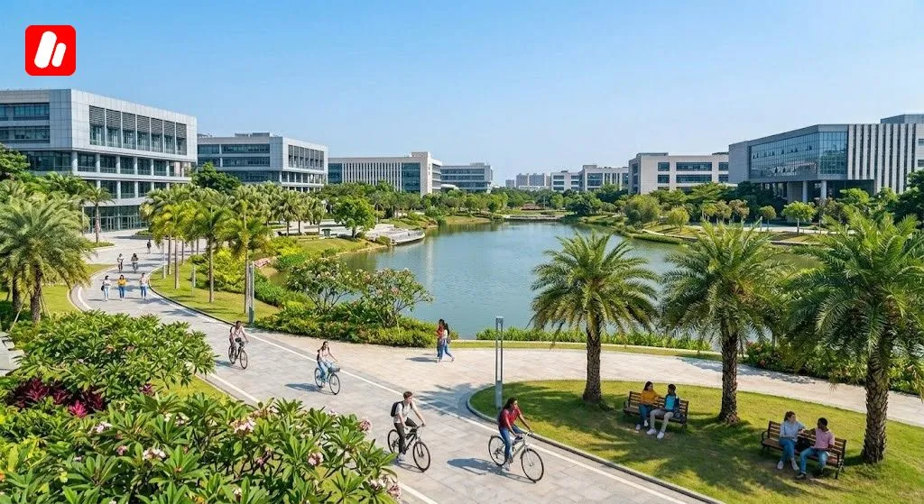 Étudiants à vélo sur le campus de la cité universitaire de Guangzhou.