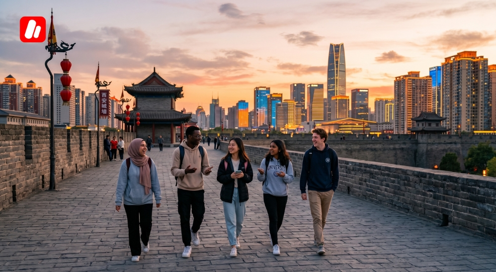 Étudiants internationaux dans la vieille ville illustrant pourquoi étudier à Xi’an