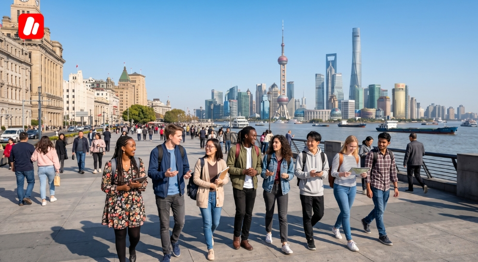 Étudiants internationaux en plein ville de Shanghai.