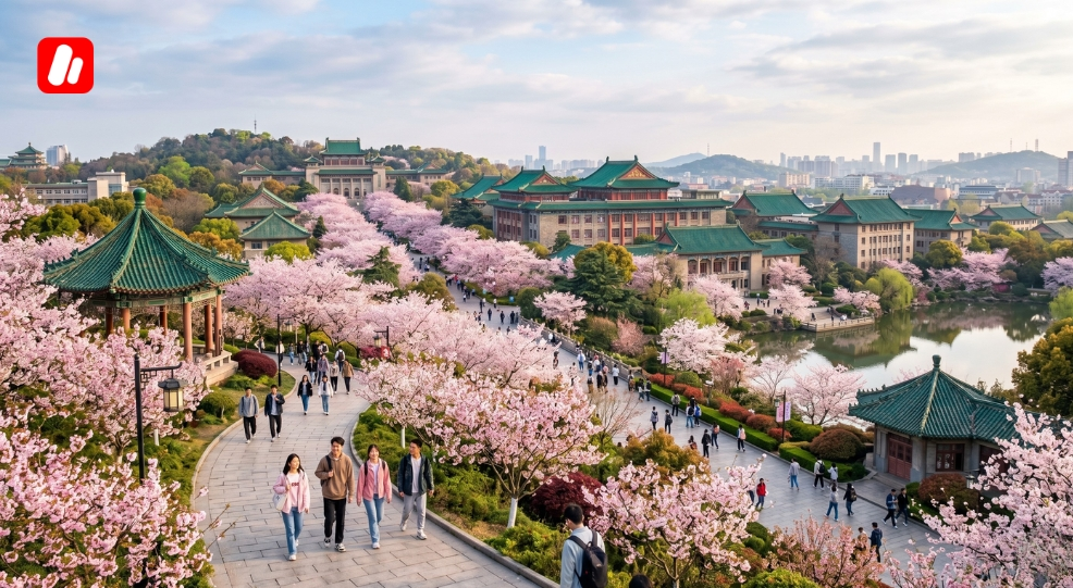 Étudiants internationaux marchant sur le campus pendant leur séjour pour étudier à Wuhan.