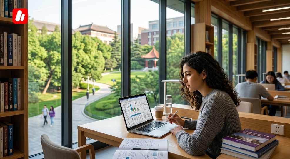 Étudier à Pékin à l’université – étudiant travaillant dans une bibliothèque moderne