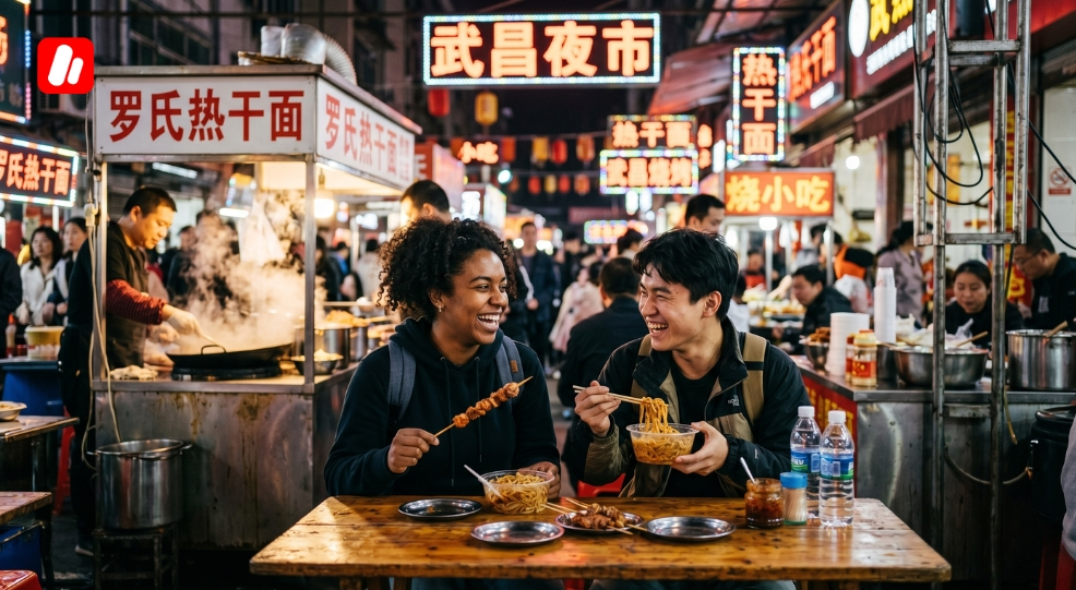 International students enjoying local street food during their study in Wuhan experience.