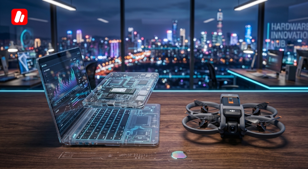 Ordinateur portable de haute technologie et drone dans un bureau à Nanshan