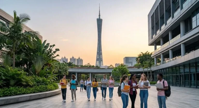 الدراسة في غوانجو - طلاب دوليون في حرم جامعي حديث بإطلالة على برج كانتون.