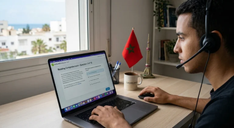 طالب مغربي يخضع لاختبار اللغة الإنجليزية على تطبيق Duolingoمن أجل الدراسة في الصين.