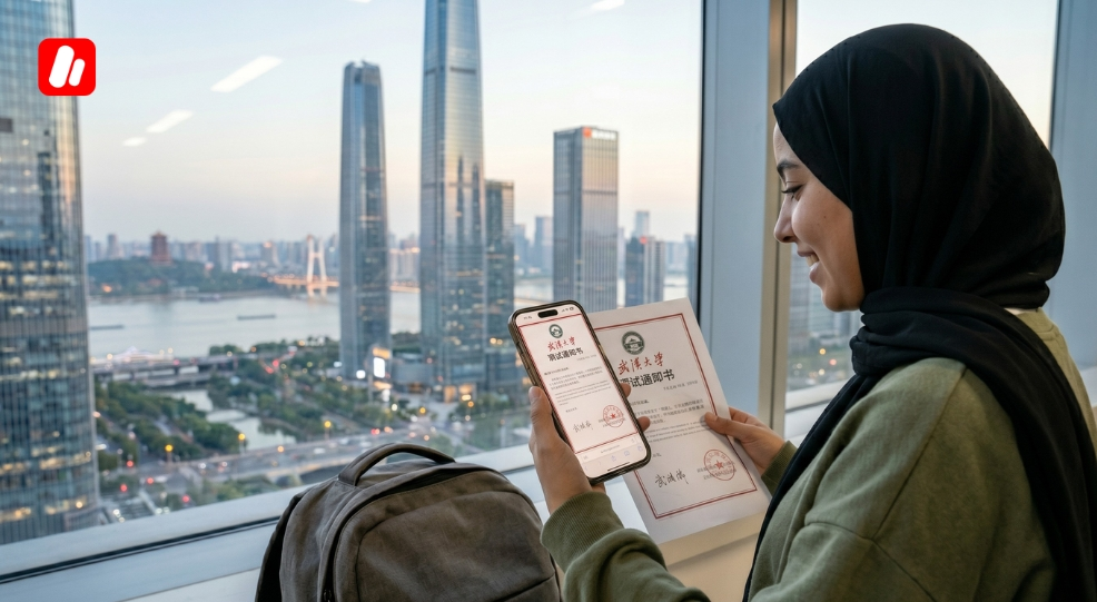 طالبة تحمل خطاب القبول الجامعي لبدء رحلة الدراسة في ووهان.