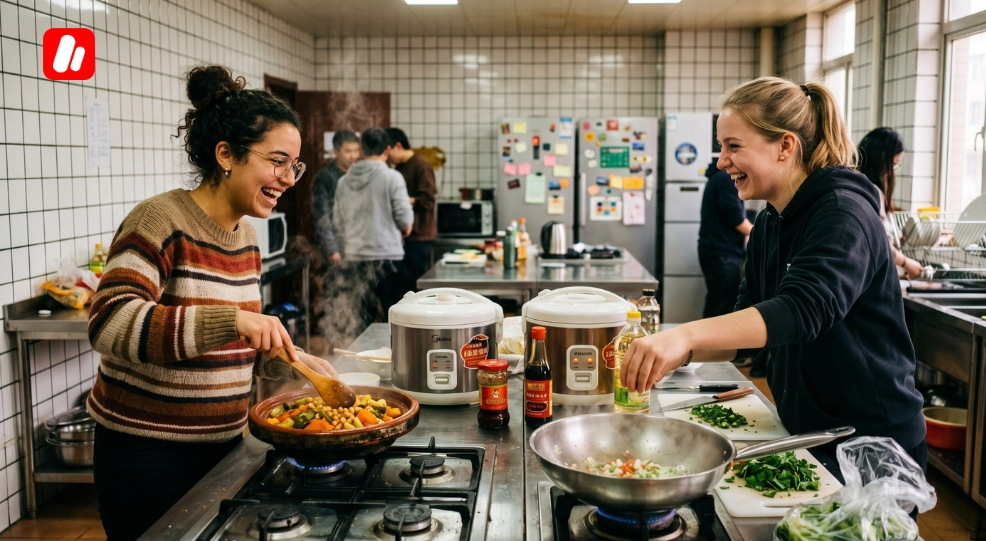 A Moroccan student cooking in a shared kitchen, experiencing Chinese dorm life