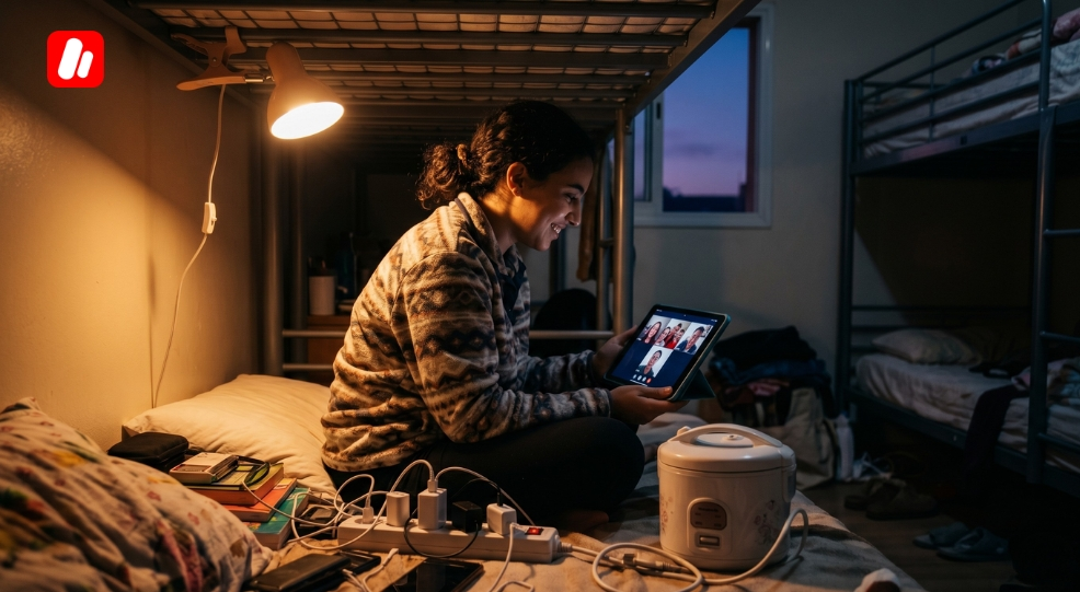 A Moroccan student on a video call from their bed, a typical scene of Chinese dorm life when you study in China