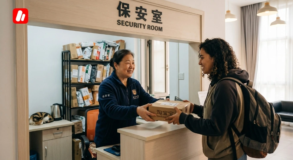 A Moroccan student picking up a package, showing the daily routine of Chinese dorm life