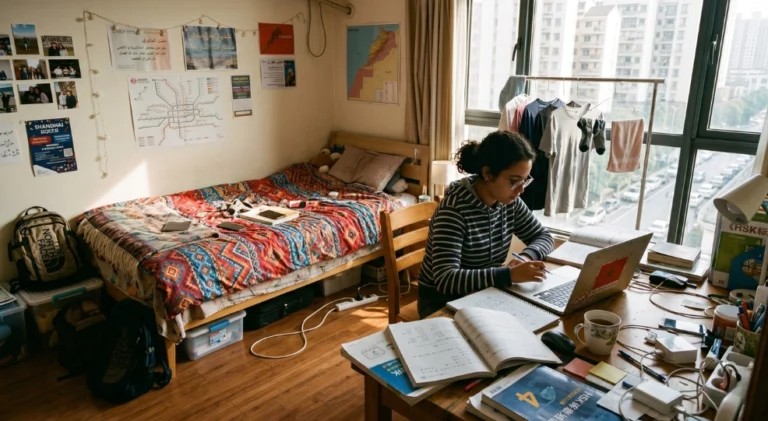 A Moroccan student starting their day showcasing a Chinese dorm life.