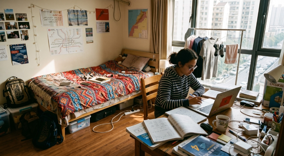 A Moroccan student starting their day showcasing a Chinese dorm life.