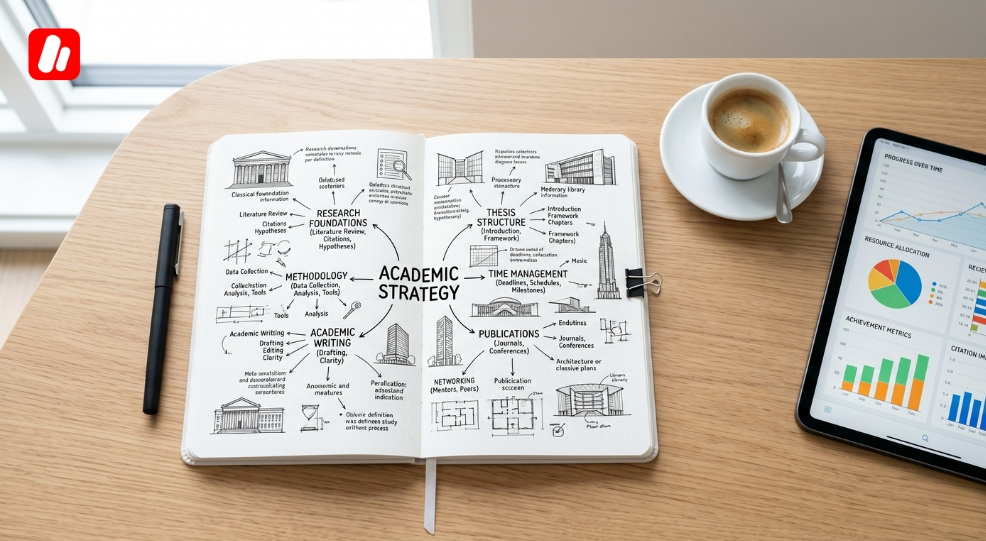 Academic study plan notebook on a desk to overcome application rejection.