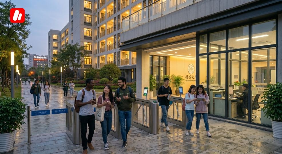 Allées de campus éclairées pour des dortoirs chinois sûrs.