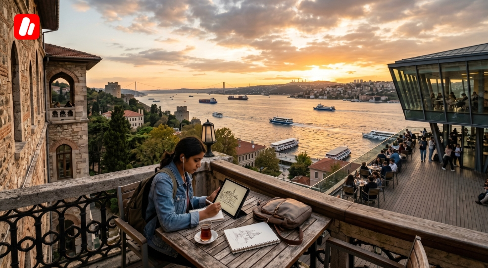 An international student on an Istanbul campus for a study in Türkiye program. An international student on an Istanbul campus for a study in Türkiye program.
