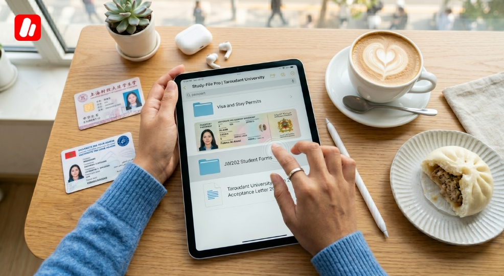Digital copies of visas and passports on a tablet, demonstrating safety-focused