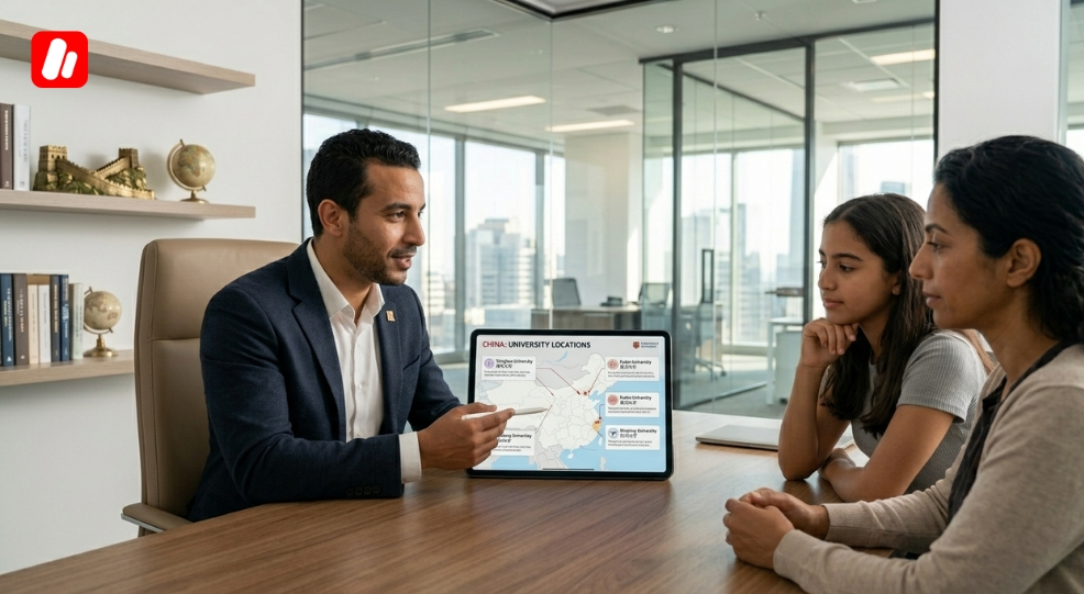 Education consultant helping a student with university applications,