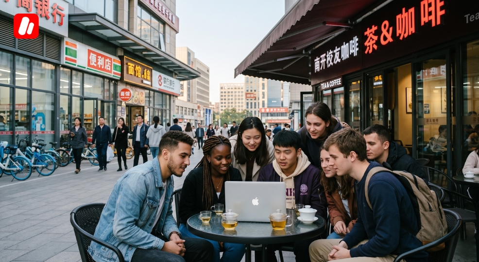 Étudiants internationaux étudiant dans un café du district de Nankai