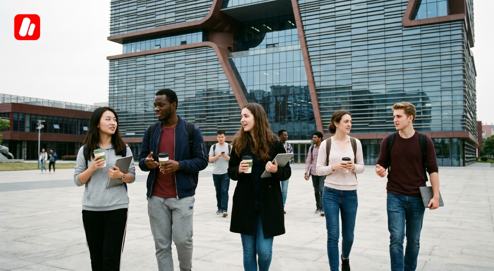 Étudiants internationaux sur le campus, illustrant la vie étudiante à Suzhou.