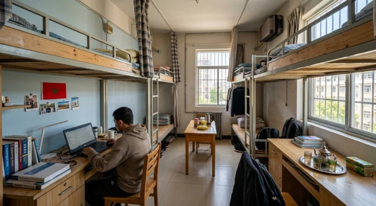 Interior of shared student dorms in China for Moroccan students.