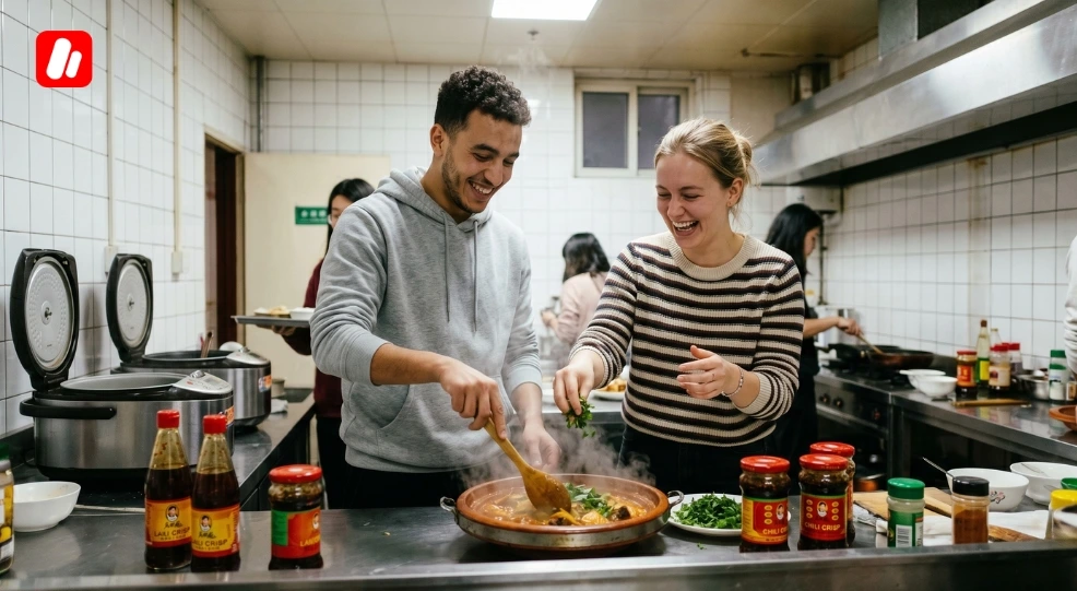La vie en dortoir en Chine illustrée par des étudiants cuisinant ensemble.