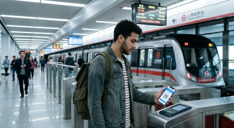 Moroccan student using Alipay QR code for metro transport in China.