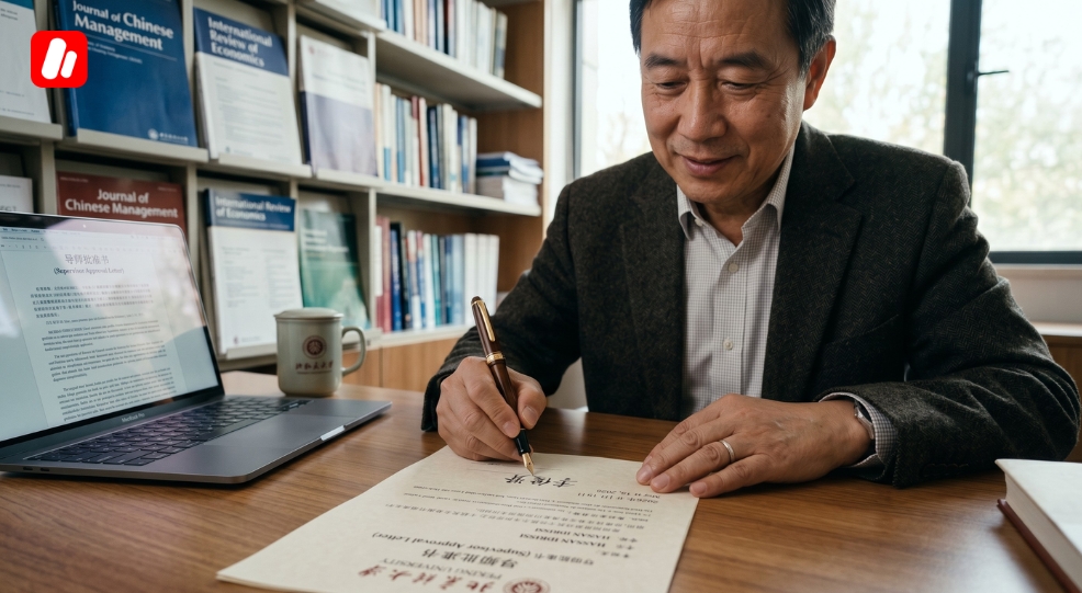 Professor signing a Supervisor Approval Letter in a university office.