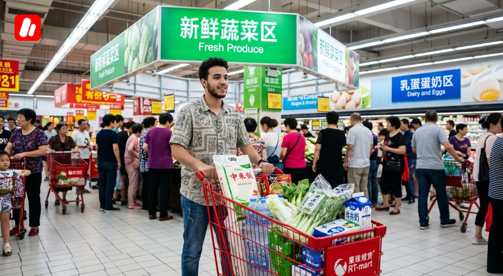 Student shopping at RT-Mart for groceries, illustrating study in China tips.