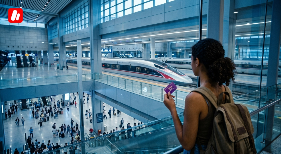 Student with T-Union card at a high-speed station for metro and rail transport in China.