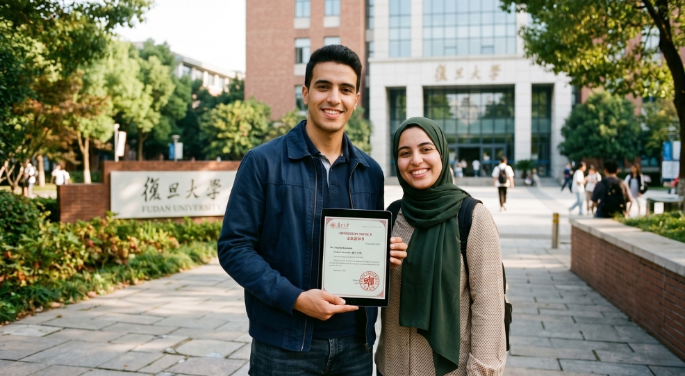 Students in front of a Chinese university holding an admission letter to study in China.