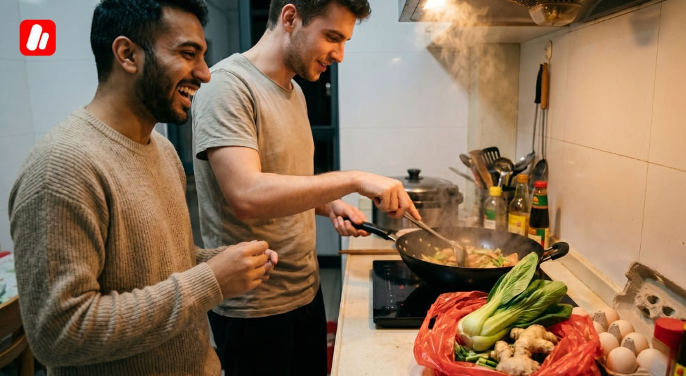 طلاب يطبخون معاً في سكن جامعي،