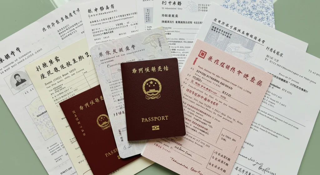 مجموعة من الوثائق الأكاديمية وجواز سفر للتقديم للدراسة في الصين مجموعة من الوثائق الأكاديمية وجواز سفر للتقديم للدراسة في الصين