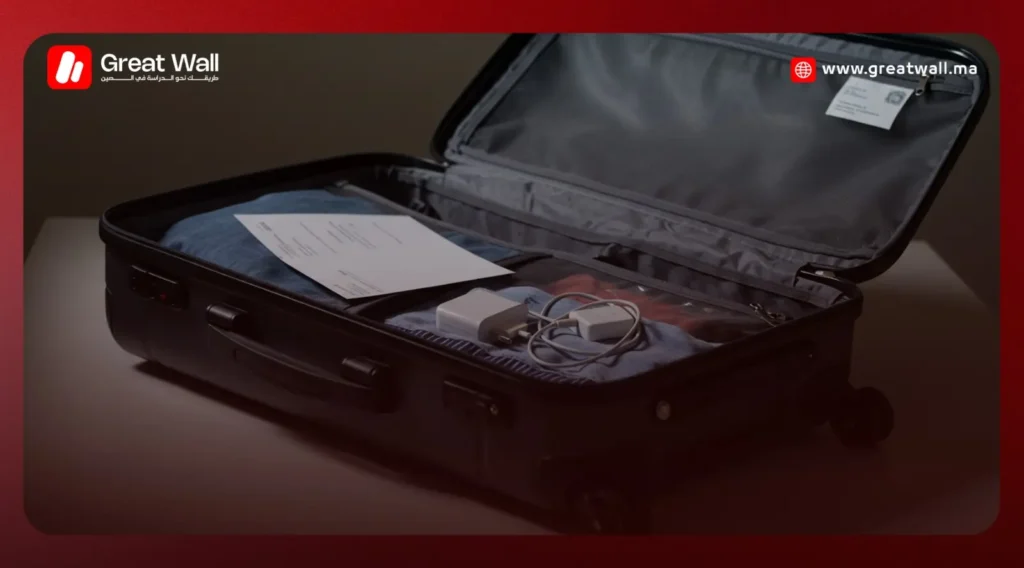 محتويات حقيبة سفر طالب مغربي عند السفر إلى الصين: أوراق رسمية، ملابس، أدوية، لابتوب وشاحن