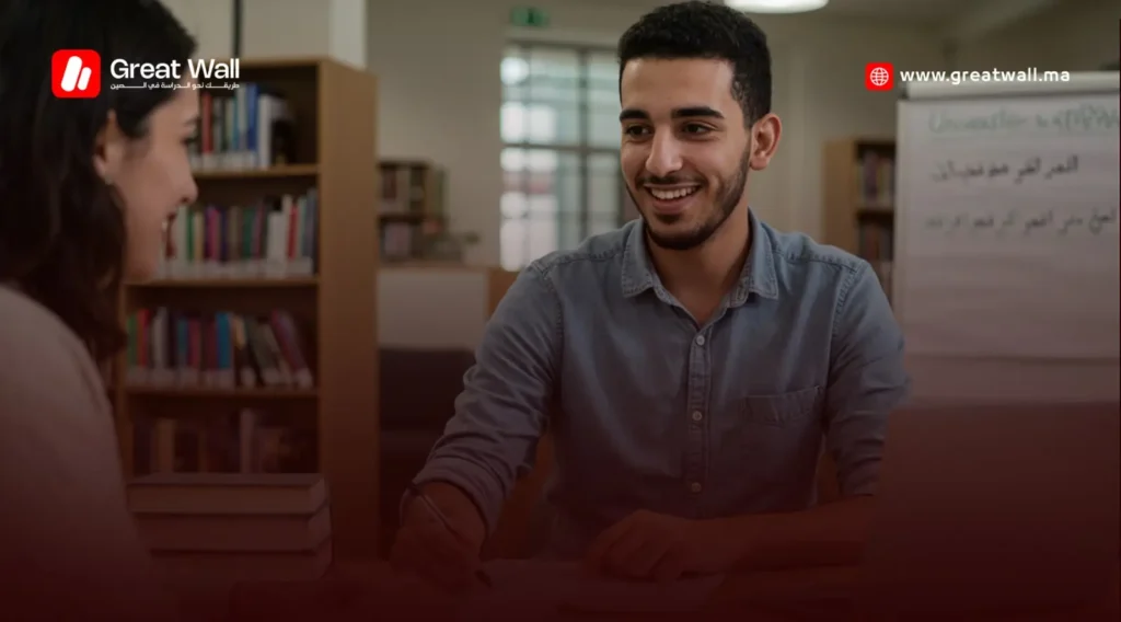 طالب يساعد في مكتبة الجامعة أو يقدم دروسًا للغة العربية ضمن عمل جامعي جزئي