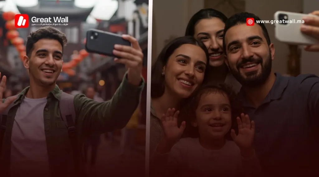 طالب دولي يتحدث مع عائلته عبر تطبيق WeChat أو WhatsApp من غرفته في الصين